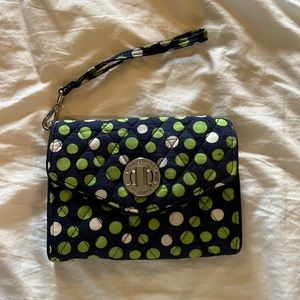 Vera Bradley wristlet wallet. Navy blue with green and white polka dots.